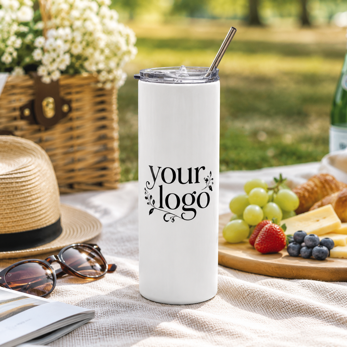White tumbler with 'your logo' text at a picnic setting with fruits, bread, and a hat.
