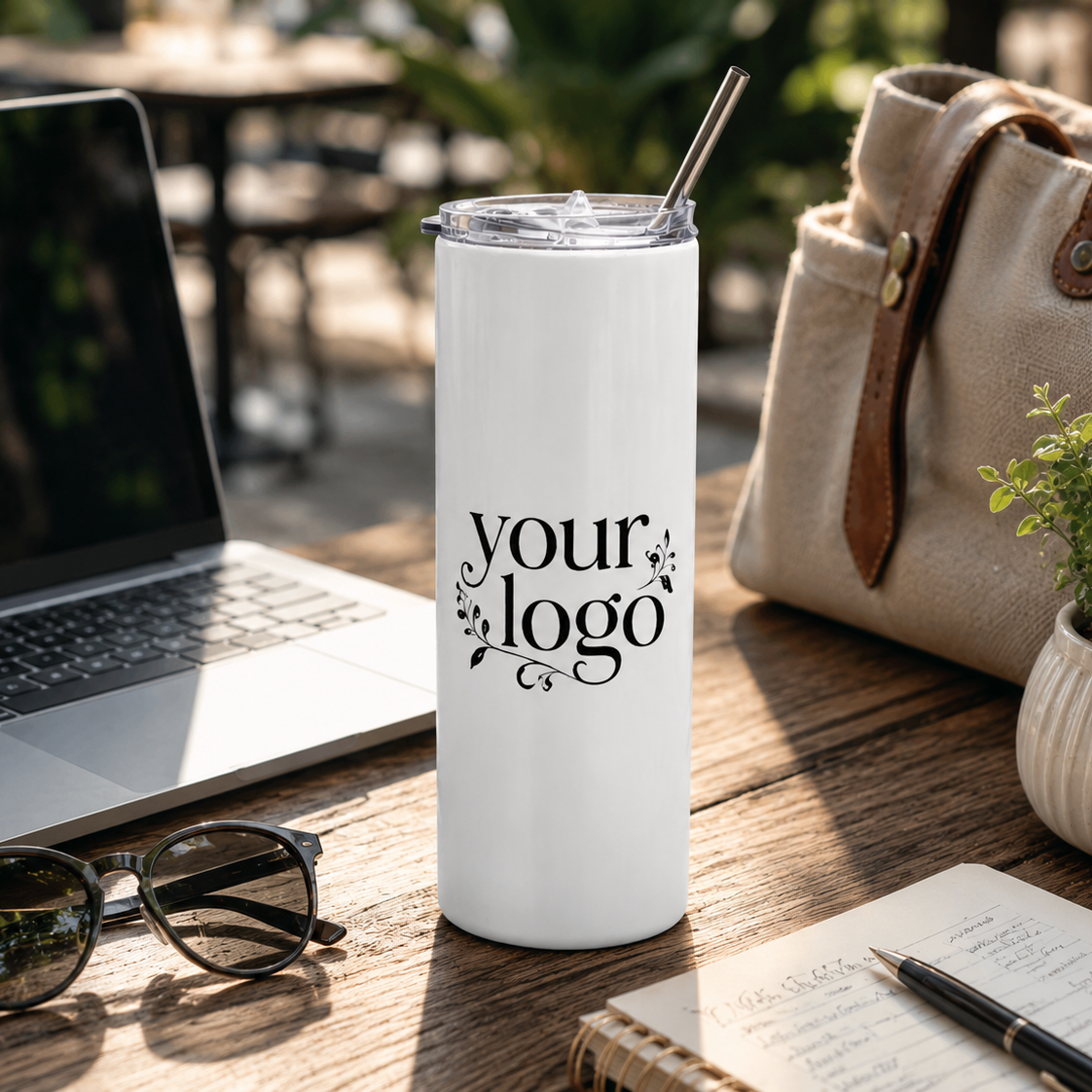 White tumbler with 'your logo' text on a wooden table with a laptop, sunglasses, and notebook.