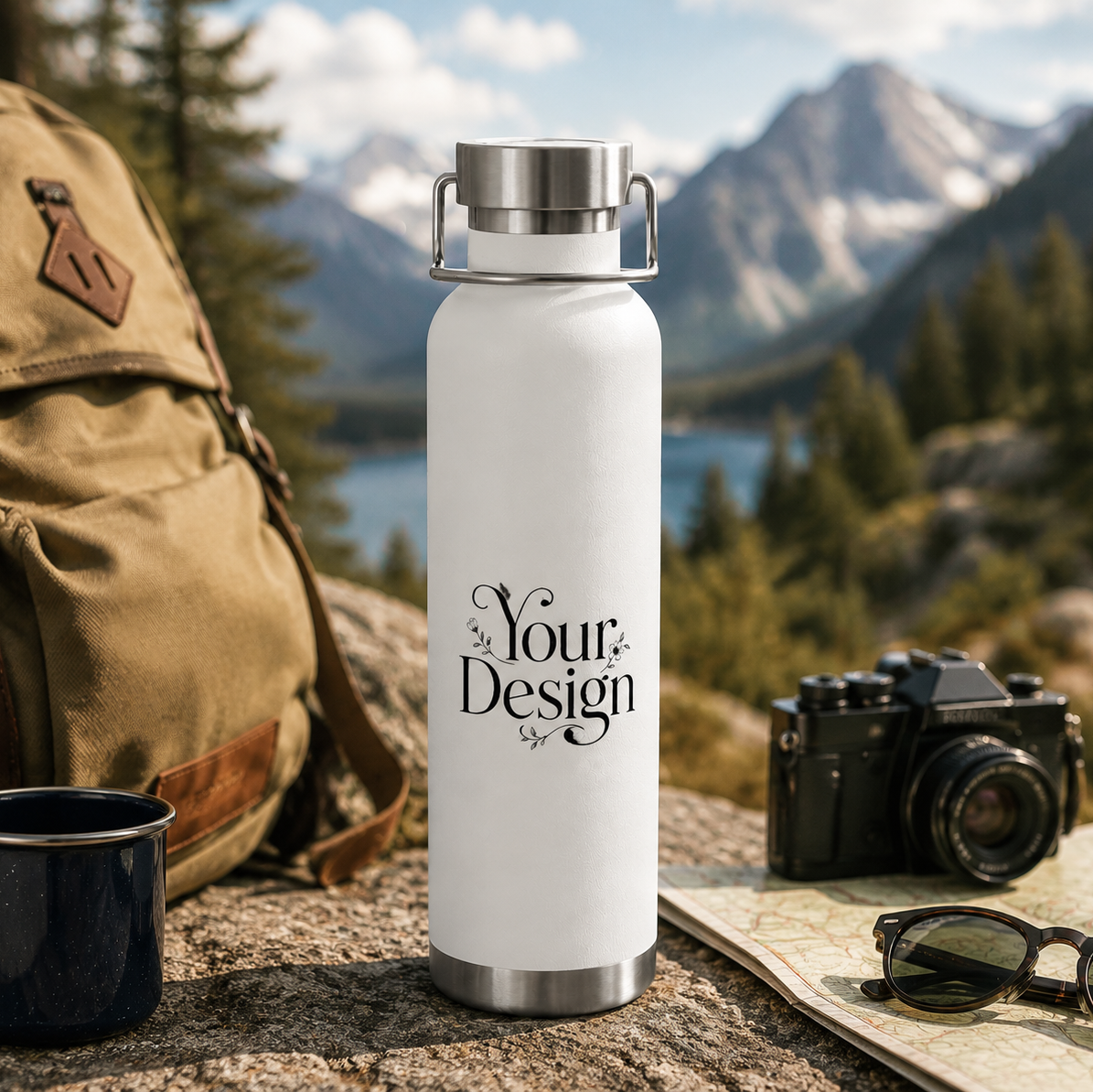 White water bottle with 'Your Design' text, backpack, camera, and mug in a mountainous landscape.