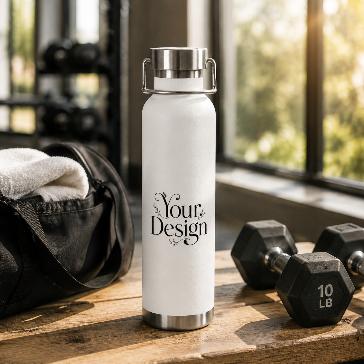 White water bottle with 'Your Design' text on a wooden surface with weights and gym bag in the background.
