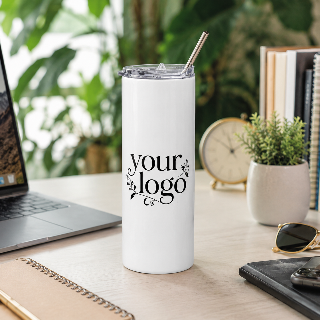White tumbler with 'your logo' text on a desk with laptop, sunglasses, and books.